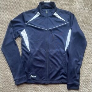 Asics Running Shirt Jacket Womens Medium Long Sleeve Blue White Full Zip Pockets